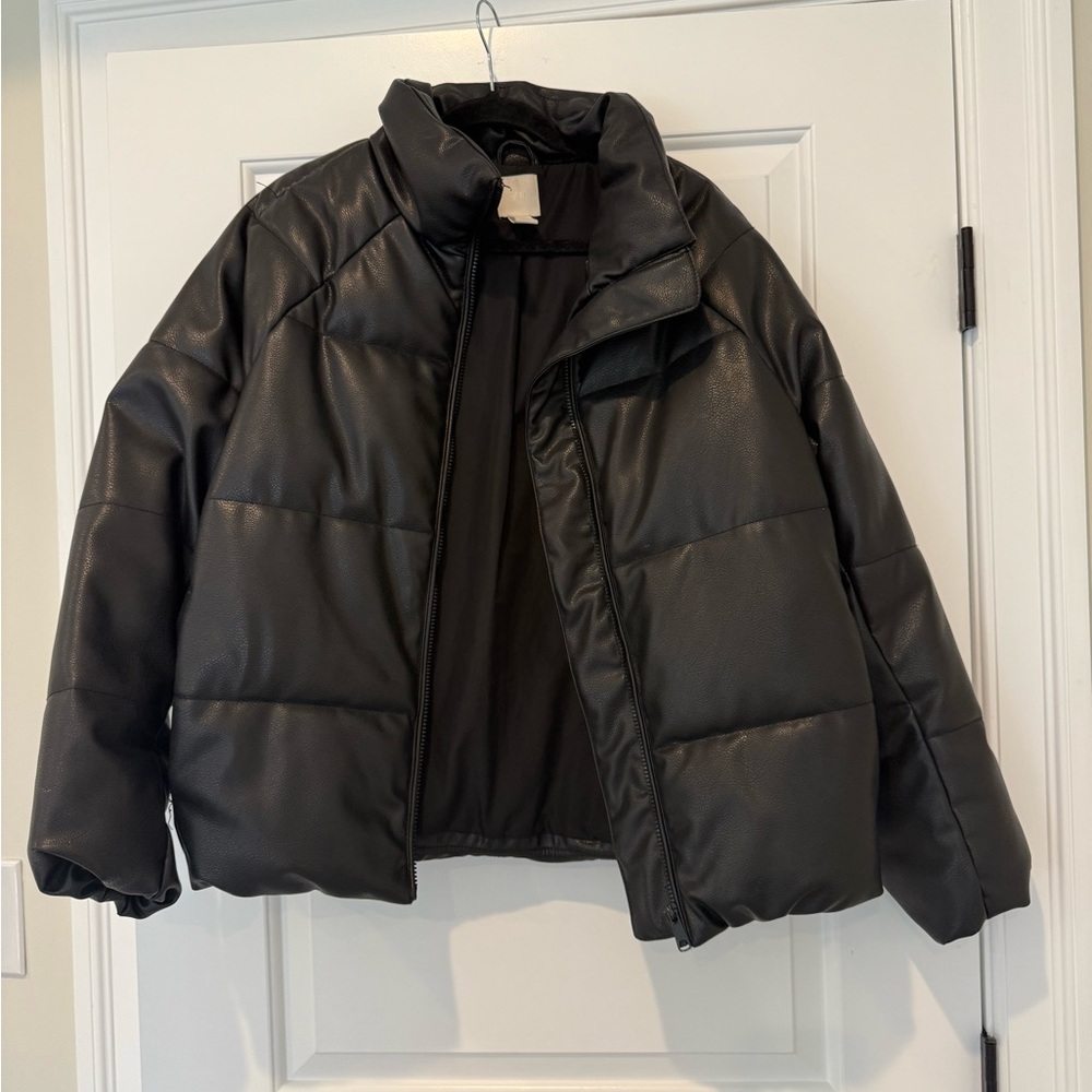 H&M Oversized Faux Black Leather Puffer Jacket